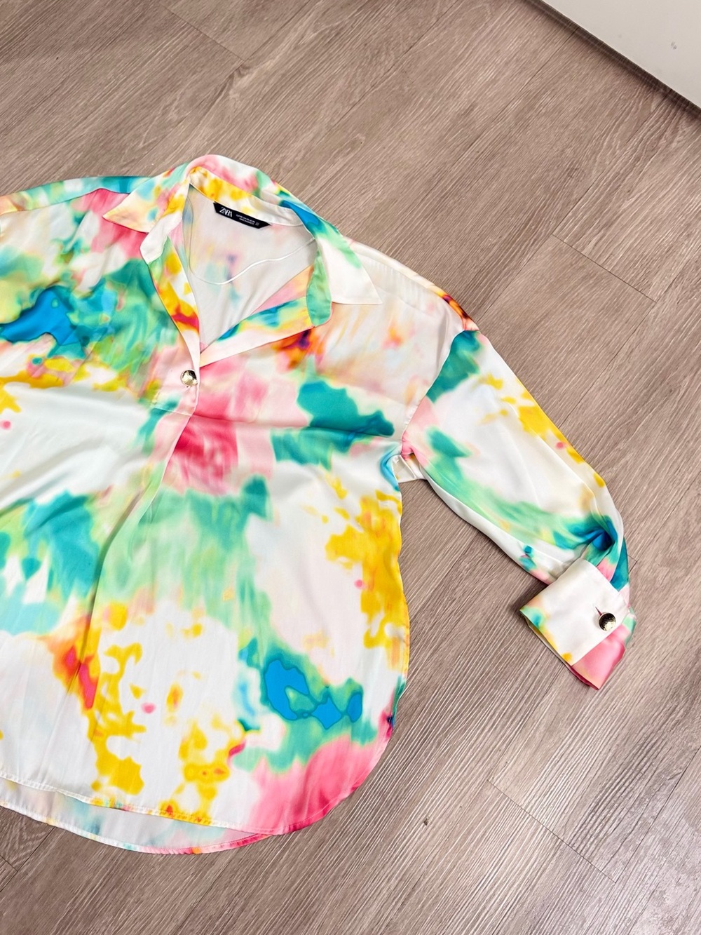 Zara White Tie-Dye Button Down Shirt with Yellow, Teal & Pink